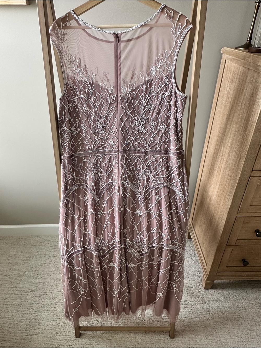 Beaded Ankle-Length Dress, Sheer Illusion Neckline, Dusted Petal/Ivory, Size 16